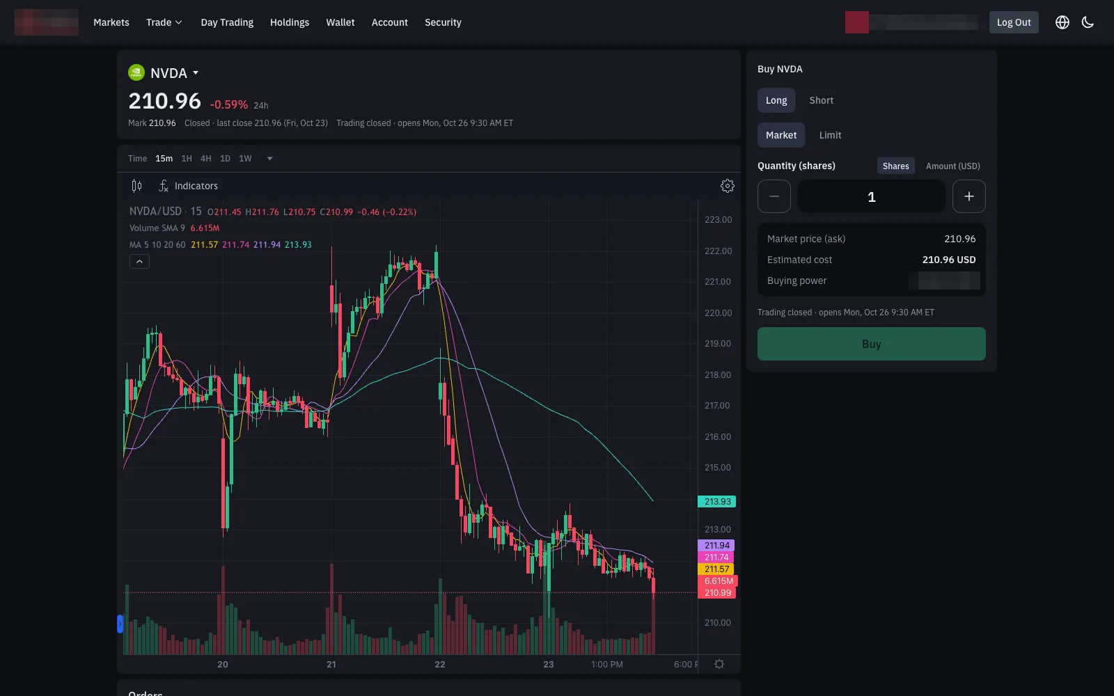 Trading terminal: candlestick chart with moving averages, long/short order ticket and market-hours status