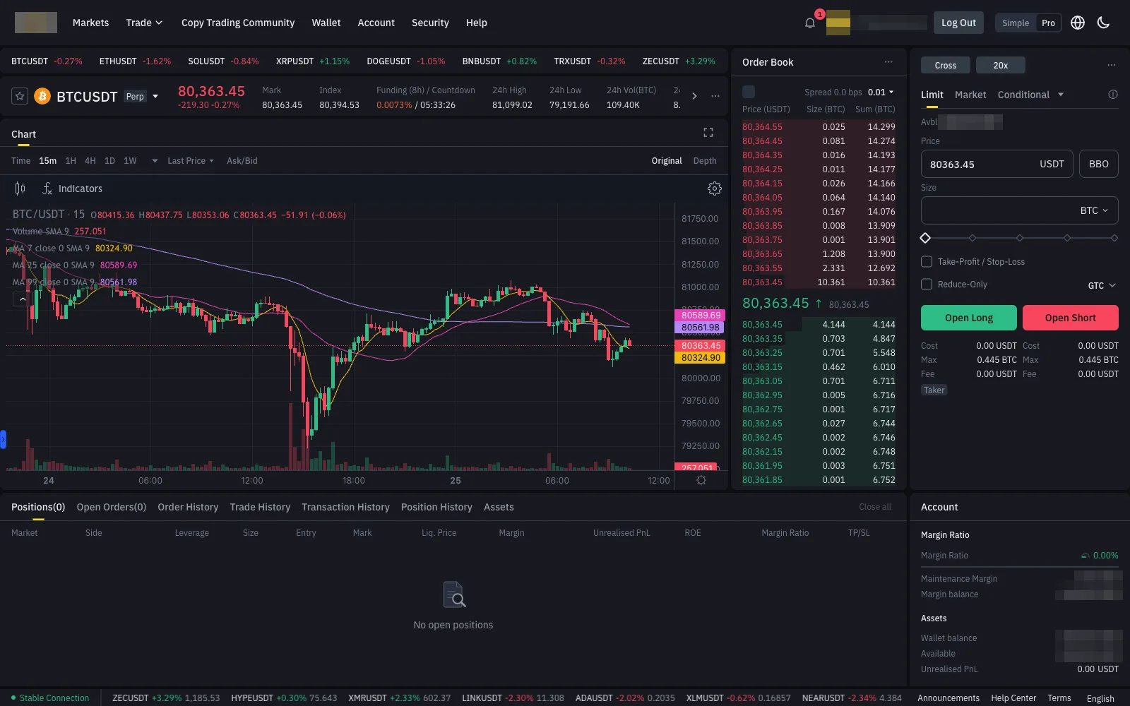 Pro trading terminal: live order book, indicator chart, limit/market/conditional ticket and position dock