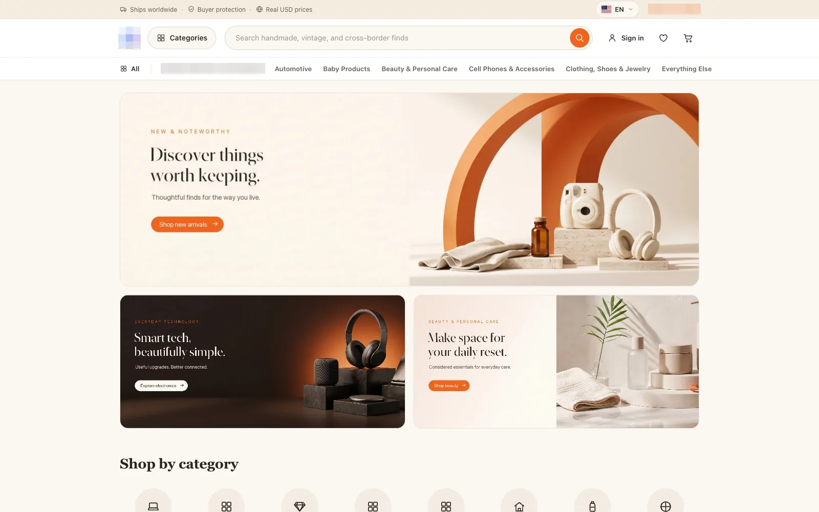 Public storefront home with category navigation and campaign banners